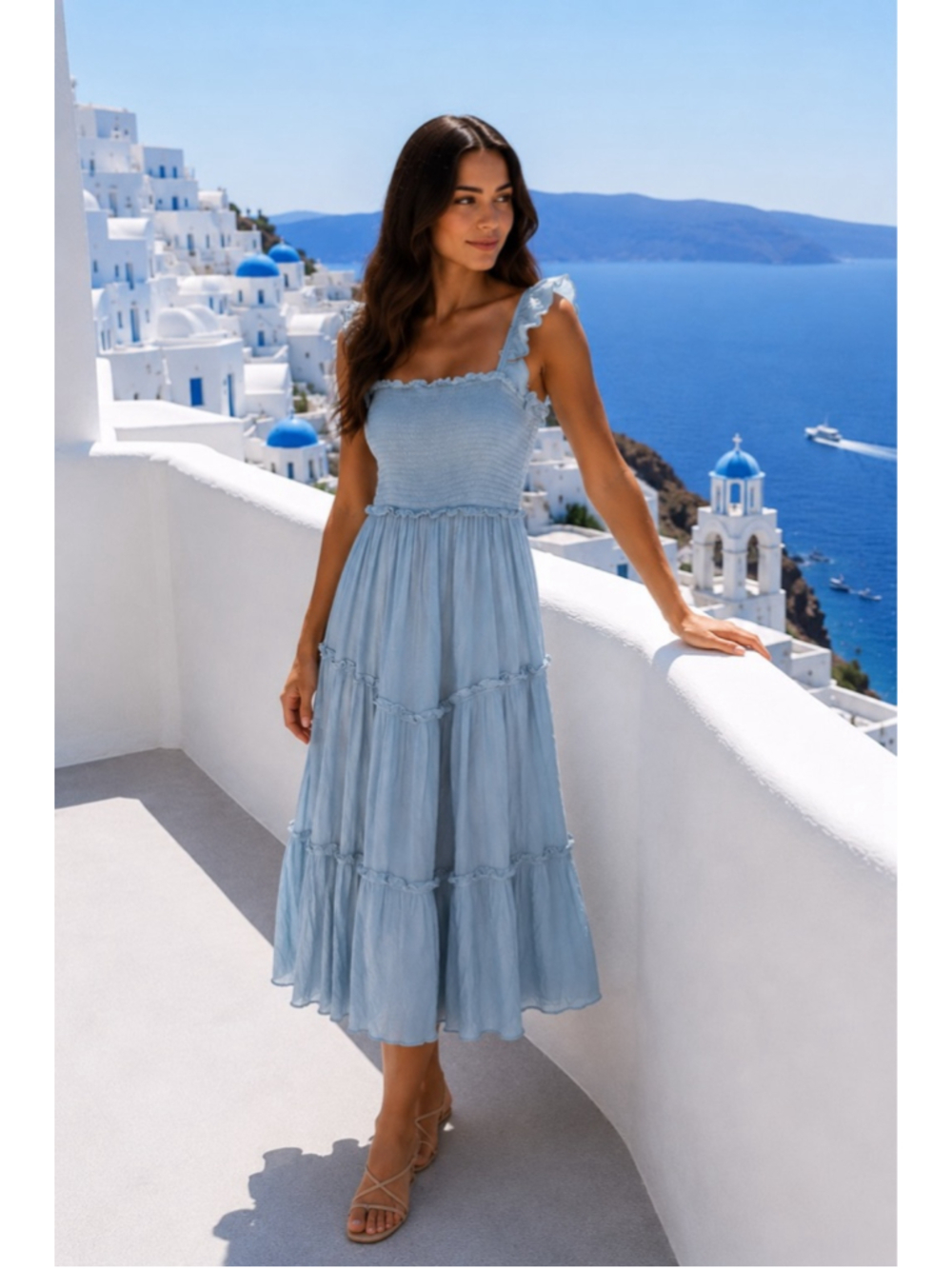 Listicle Dusty Blue Tiered Maxi Dress Cottagecore Prairie Boho Coastal Feminine